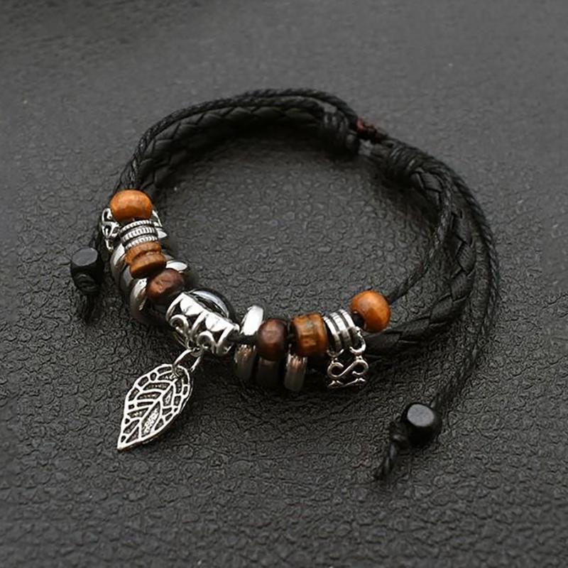 Leather Braided String Vintage Style Leaf Design Men For Women Wear Bracelet