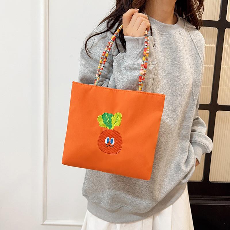 Canvas Bag For Women With Cartoon Embroidery Small Handheld Purse For Daily Use