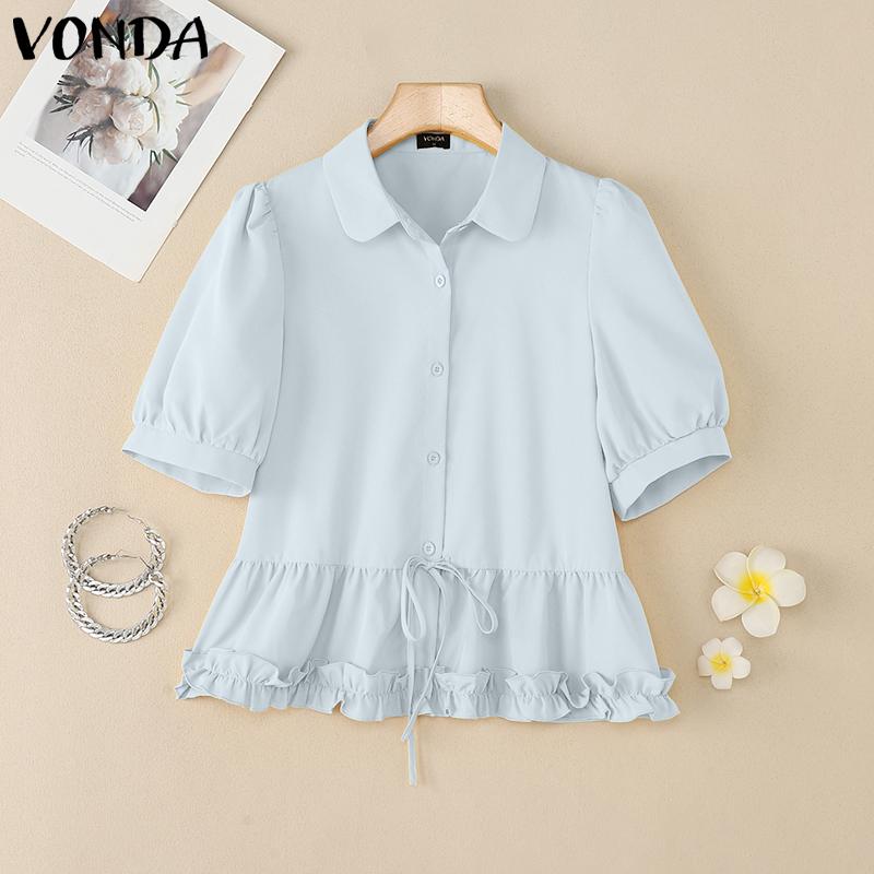 

VONDA Women Puff Short Sleeve Blouse Casual Buttons Ruffled Tops 5XL синій