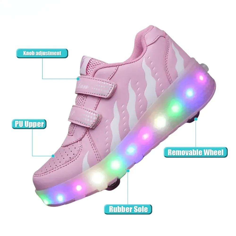 Shoes with Wheels for Kids Beginners - Adjustable Velcro Strap 2-Wheel Roller Skates with USB Rechargeable LED Lights