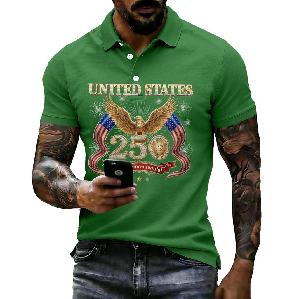 Men's Casual Polo Shirt Short Sleeve Flag Print Lightweight Breathable Comfortable Summer Top with Button Collar