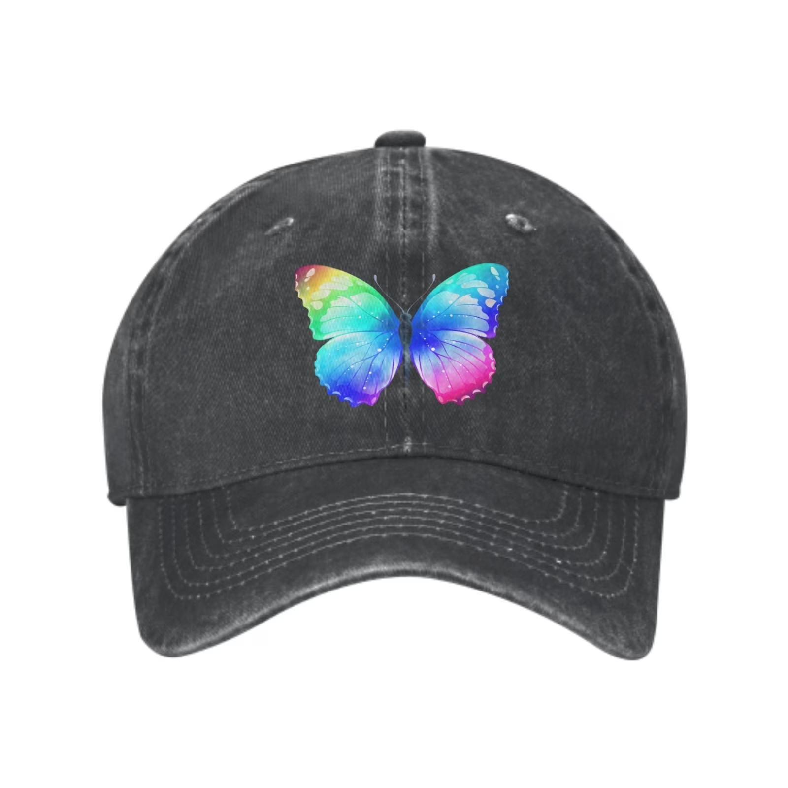 My Extreme Outdoor Activities Women's Grey Rainbow Butterfly Washed Denim Baseball Cap Adjustable Outdoor Casual Snapback Hat Cm
