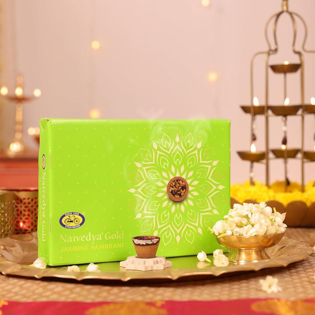 Cycle Pure Naivedya Gold Jasmine Sambrani Dhoop Cups Pack of 2 18 Pcs Charcoal-Free Havan Rituals