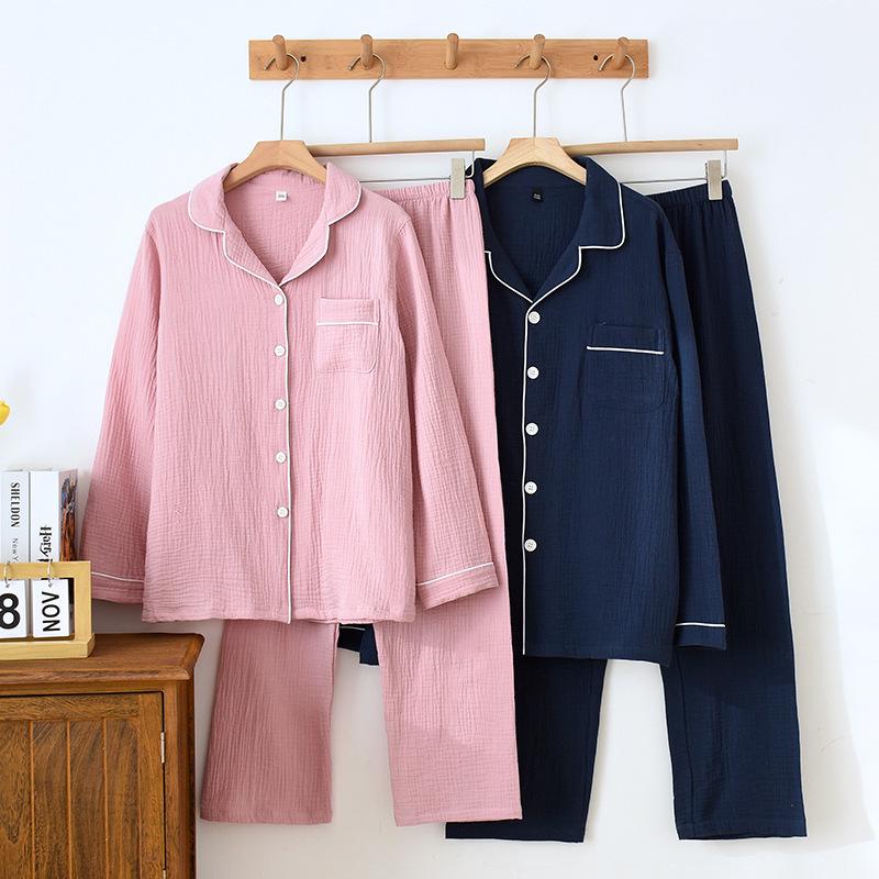 Japanese Couple's Pajamas Set: Plain Cotton, Loose Fit, Unisex, Plus Size, for Spring & Autumn.