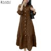 ZANZEA Women Casual Turn Down Collar Solid Color 3/4 Sleeve Loose Dress
