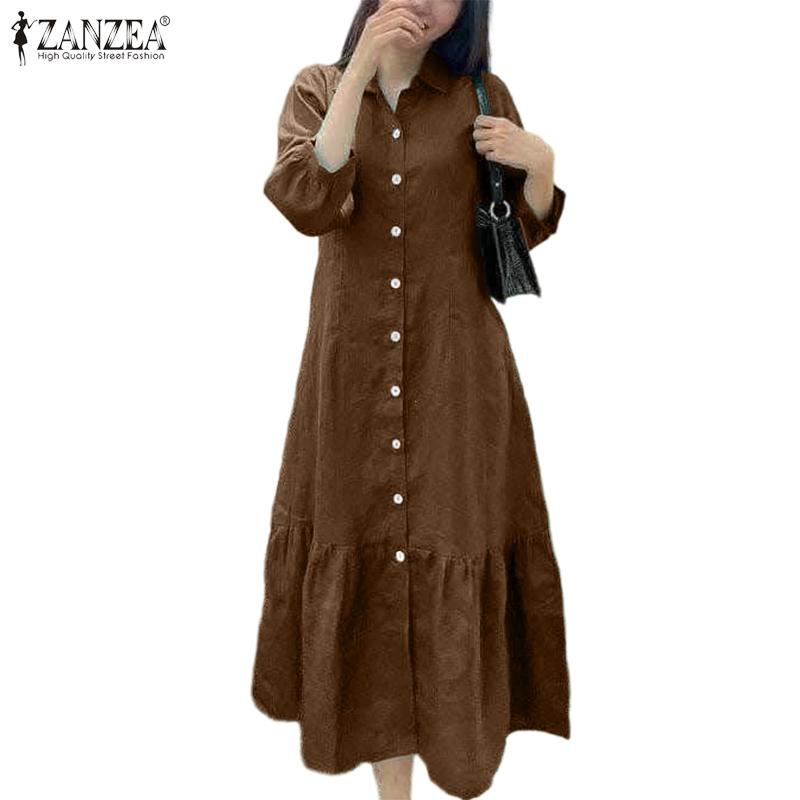 ZANZEA Women Casual Turn Down Collar Solid Color 3/4 Sleeve Loose Dress