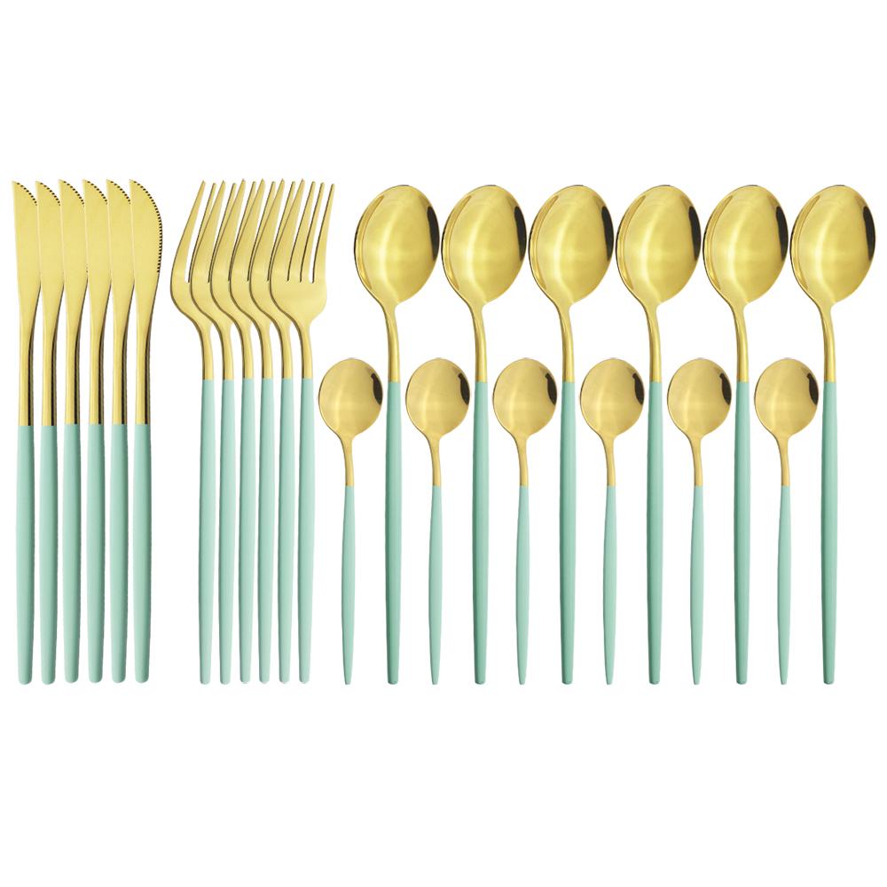24pcs Black Gold Cutlery Set Mirror Stainless Steel Dinnerware Set Knife Fork Spoon Tableware Flatware Set Dishwasher Safe Kitchen Wedding Accessories