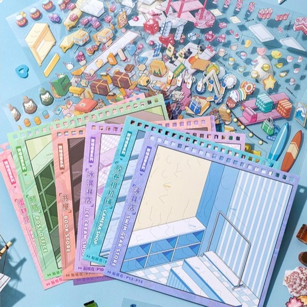 New Shop Scene Scenery Stickers PET 10 Scenes Miniature Scene Sticker Bakery Post Office Book Swimwear Sticker Book for Children