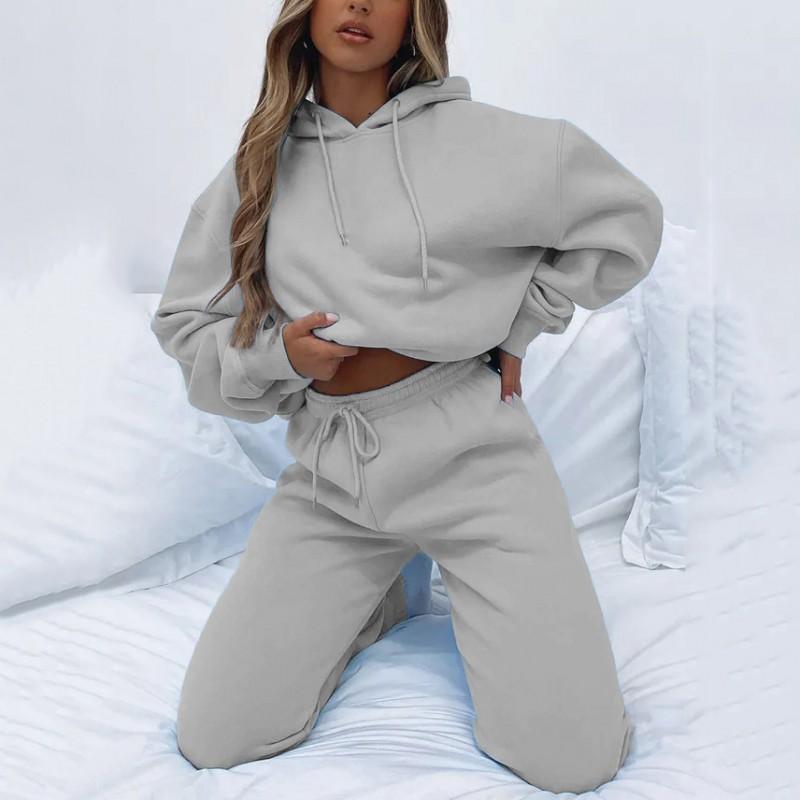 Womens Solid Color Hooded Long Sleeve Sweatshirt Set Casual Street Style Outfit