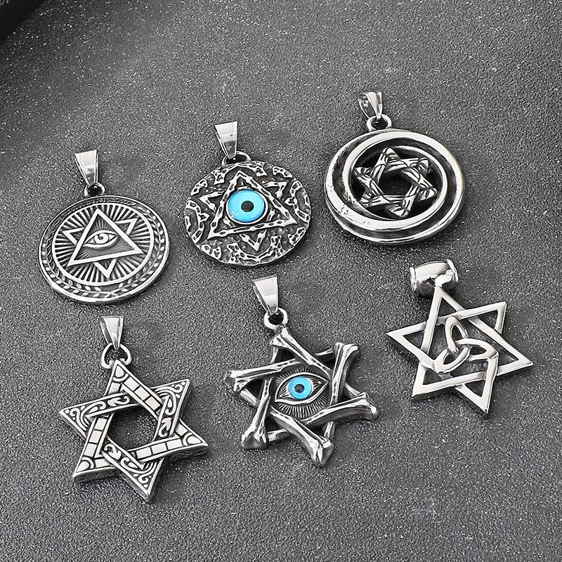 Stainless Steel Hexagram Pendant Necklace Men's Vintage Hollow Out Charms Accessories Zirconia Star Sweater Chain Jewelry