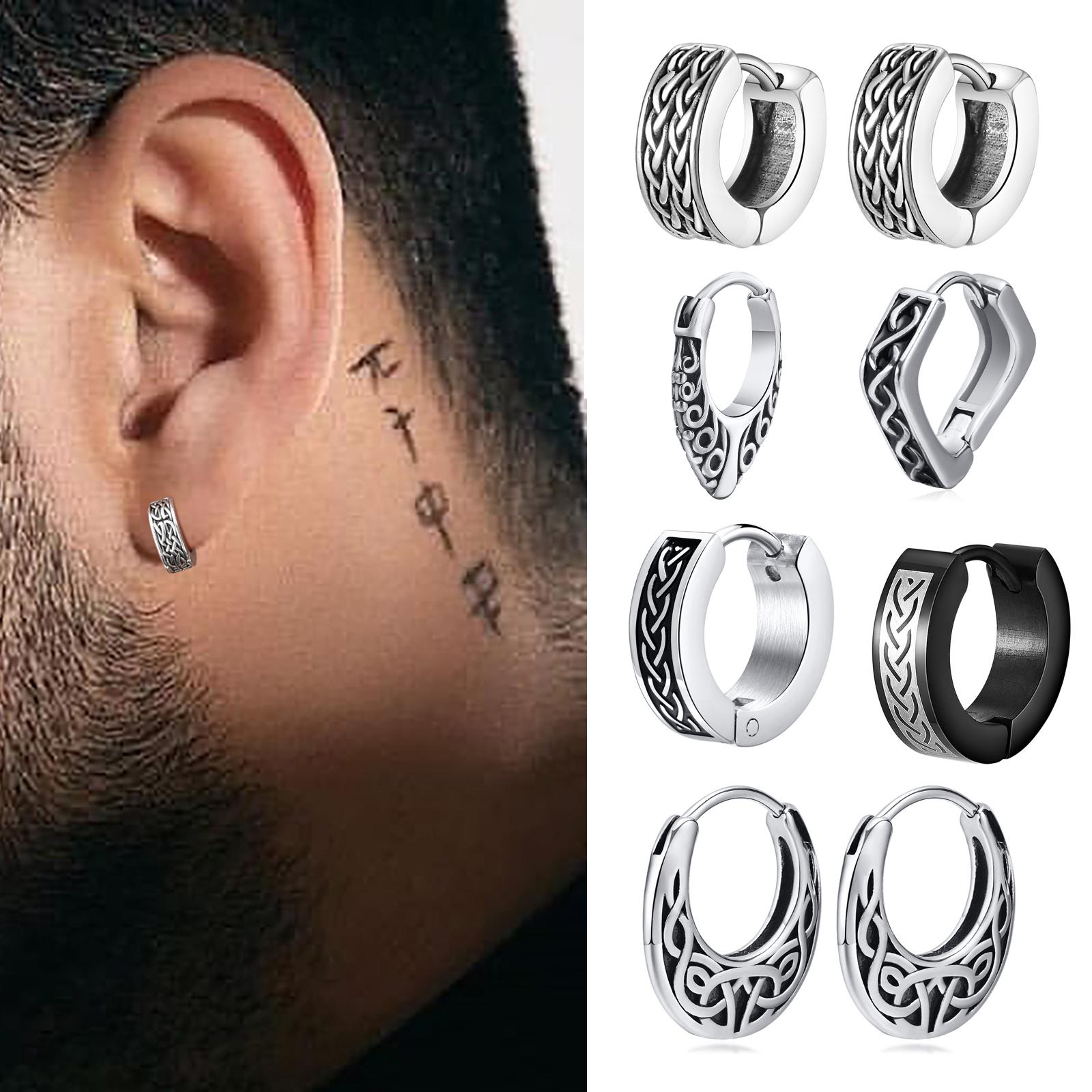 Lucky Star Jewelry Women's Punk Viking Hoop Earrings For Men Boys,Vintage Celtic Knot Stainless Steel Huggies Earrings,Hip Hop Cool Street Zircon Gifts