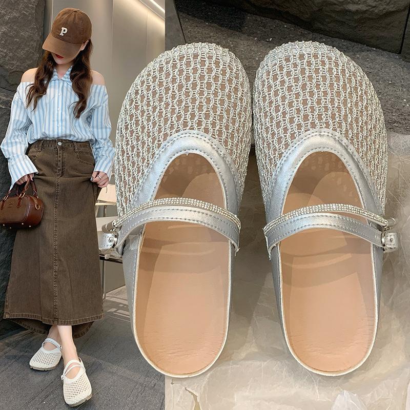 

Flat bottom inner height increase fishing mesh surface breathable bag head half slippers women s summer wear 2025 one pedal woven fisherman sandals 40 серебряный