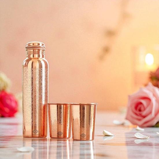 Pure Copper Drinkware Gift Set Embossed Design with 1 Bottle 900 ML, 2 Glasses 275 ML Gifting Item for Diwali, Weddings, Festive Occasions