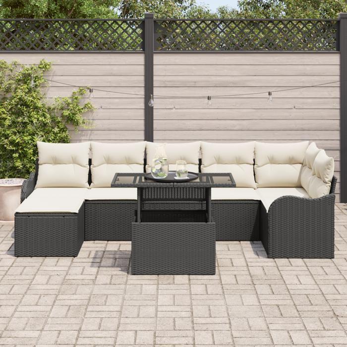 Ensemble de Canapé de Jardin de 8 Pièces avec Coussins Noir Rattan Poly, Canapé de Jardin 2 Places avec Rangement & Coussins 3357240