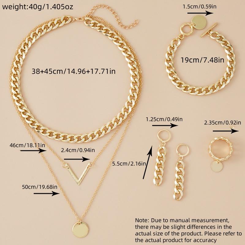Seven Piece Set Fashion Multilayer Vintage V-shaped Necklace For Women Earrings Rings Jewelry Set Aluminum Chain Ring Bracelet