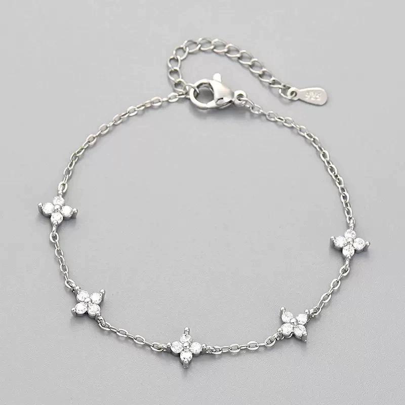 925 Silver Zircon Flower Bracelet For Women Elegant Charm Chain Jewelry Wedding Party Holiday Gifts
