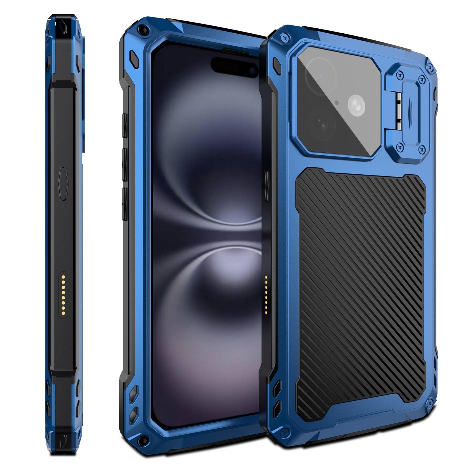 

For iPhone 16 Case Aluminum Alloy+Silicone Lens Kickstand Phone Cover with Tempered Glass Film Blue