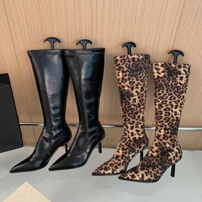 2024Women Leopard Print Boots Fashion Knee-High Pointed Toe Thin High Heels Shoes Zipper Long Booties Fashion Show Autumn Winter