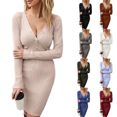 Vestido Casual Feminino de Moda Manga Comprida Pulôver Tricotado Decote em V Vestido Manga Comprida com Botões