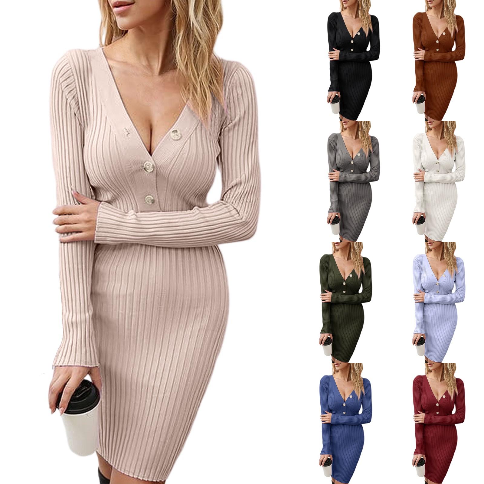 

Women s Casual Fashion Long Sleeve Dress Knitted Pullover V Neck Button Long Sleeve Dress L армія зелений колір