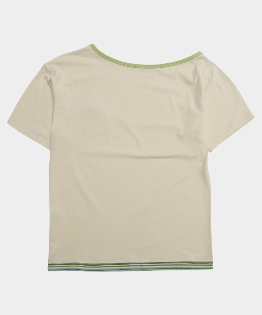 SOME PLACE Pocket Snap Color Block Double Layered Oversized Off-Shoulder Short Sleeve T-Shirt [Ivory]