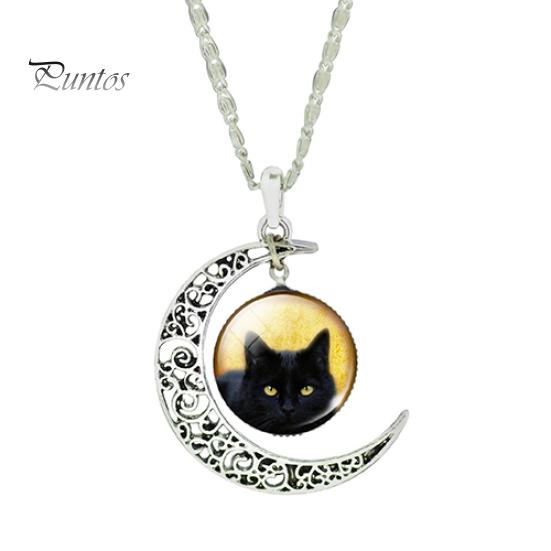 Women\'s Hollow Crescent Black Cat Glass Pendant Link Chain Necklace Jewelry