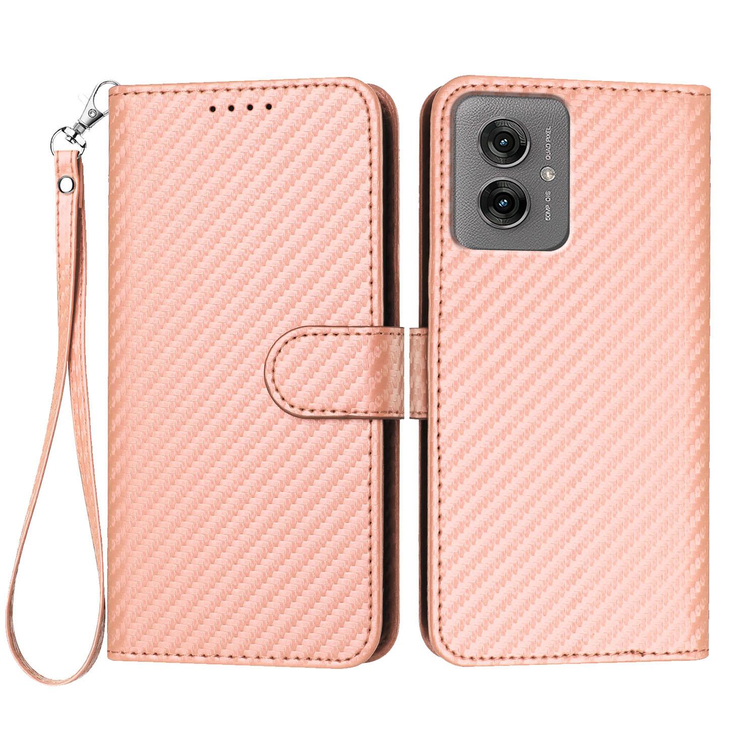 

For Motorola Moto G55 5G Wallet Case with Strap Carbon Fiber Texture Leather Mobile Cover Pink
