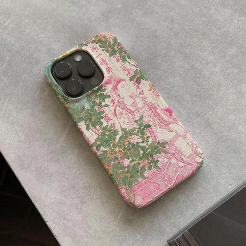 Vintage Traditional Buddha Greenery & Chinese Script Colorful Phone Case for iPhone 17 16 15 14 11 12 13 Pro Max Plus Back Cover