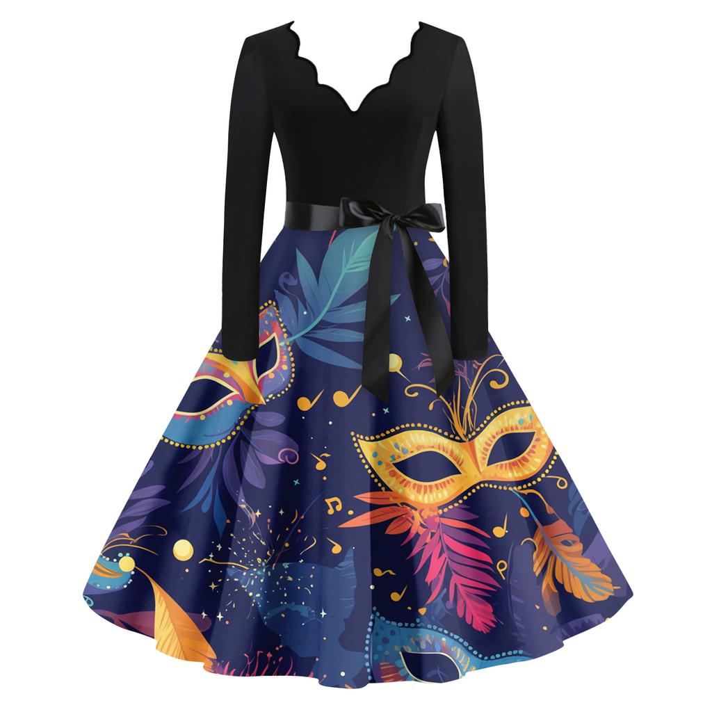 Women's Casual Fashion V Neck Long Sleeve Printed Vintage Long Dress