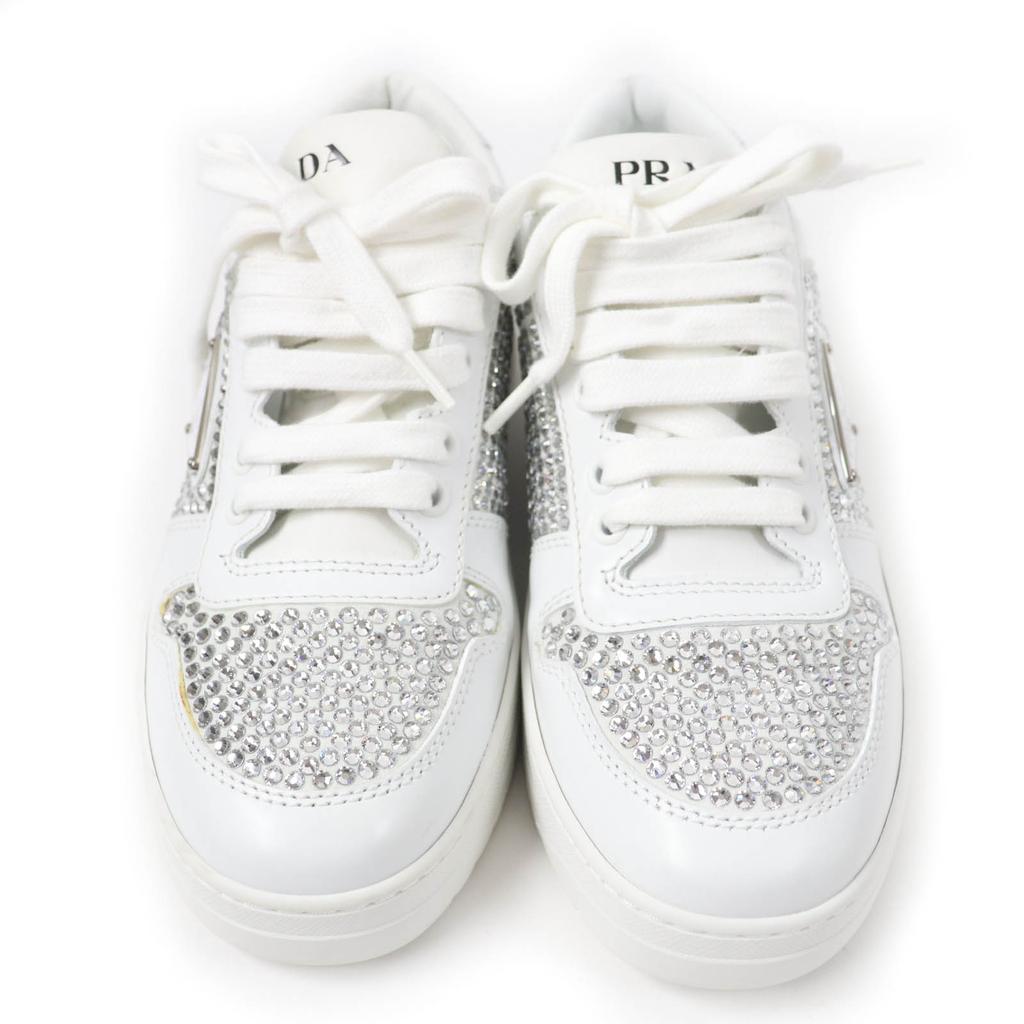 Excellent PRADA Sneakers Triangle Logo with Crystal White Leather Women 35.5  Used
