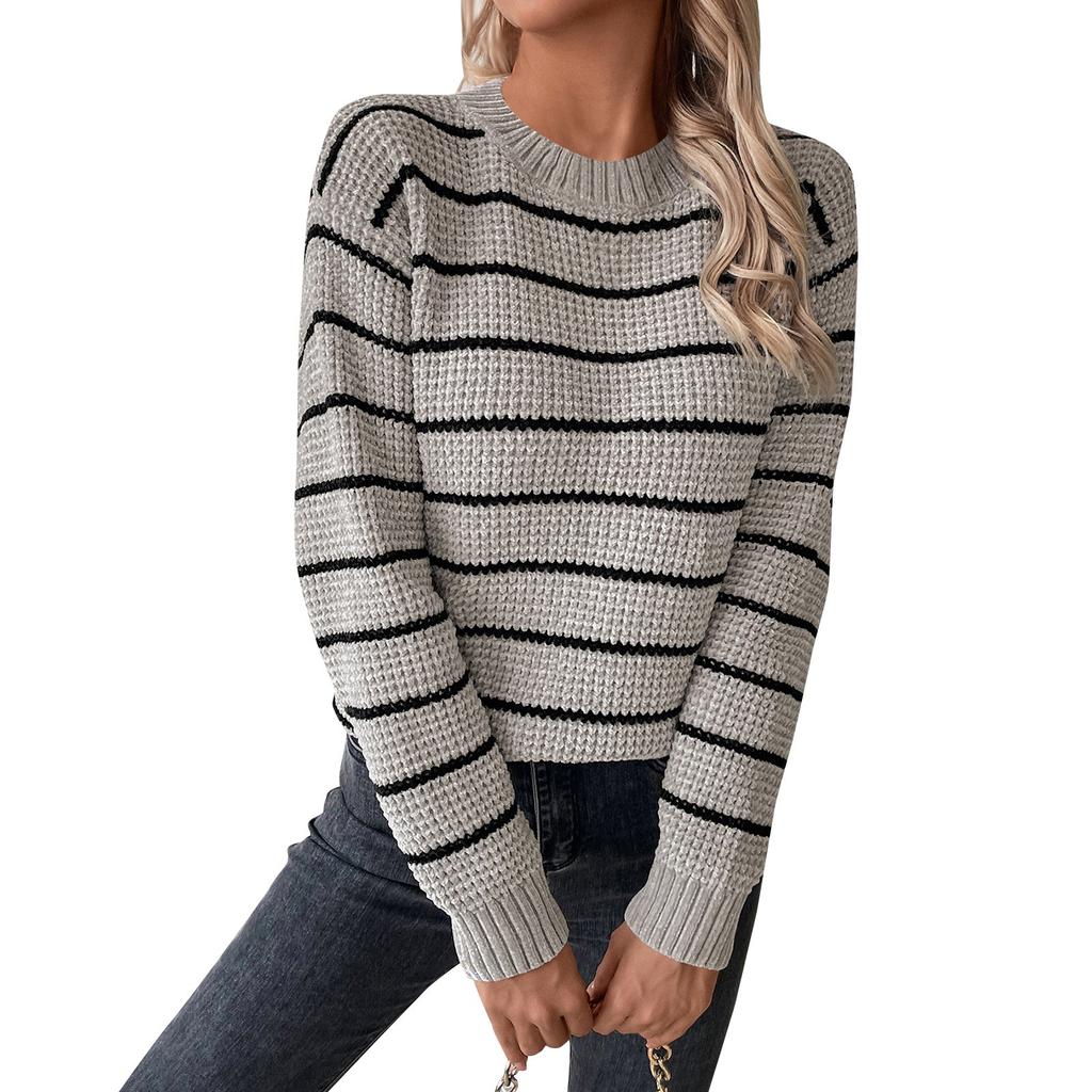 Gestreifter Pullover für Damen, Rundhalsausschnitt, lange Ärmel, Farbblock-Strickoberteile, lässiger Strickpullover, trendige Herbstkleidung