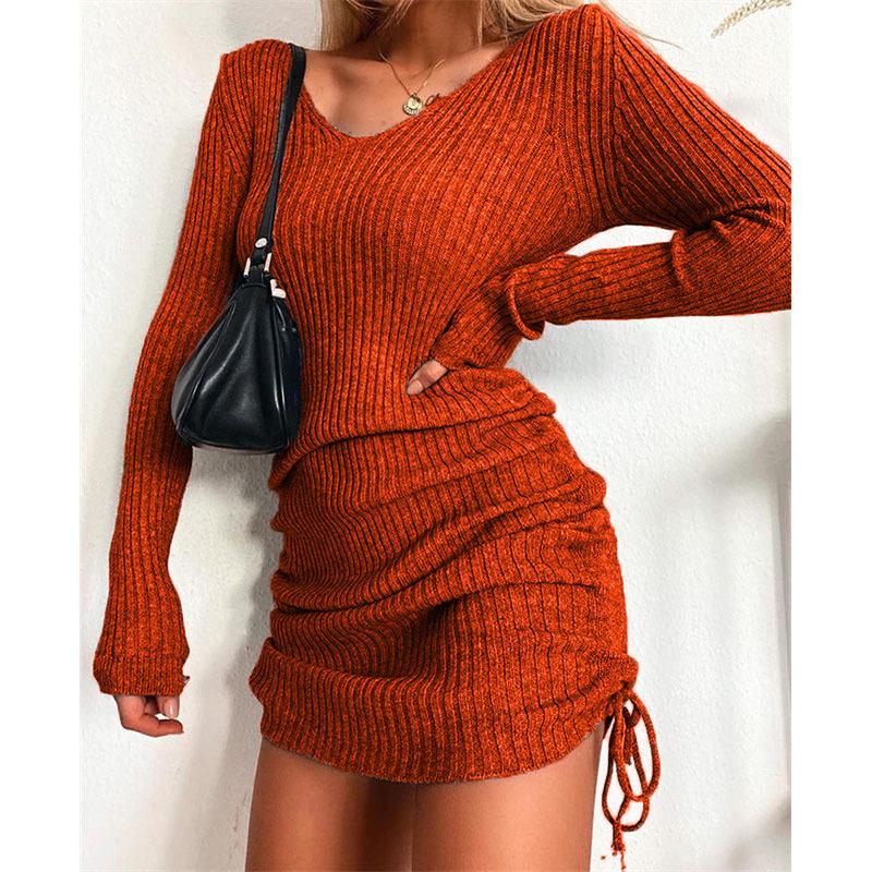 V-neck Knitted Sweater Dress - Long Sleeve, Slim Fit, Ruched Drawstring, Ribbed Design for Autumn/Winter