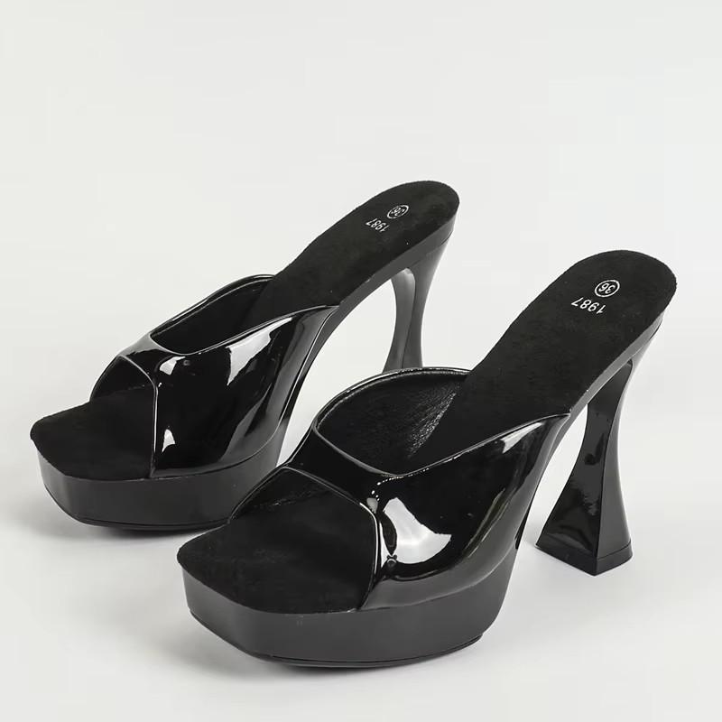New Summer Design Patent Leather Square Toe Women's Slippers Platform Heel Elegant Banquet Female Sandals Shoes