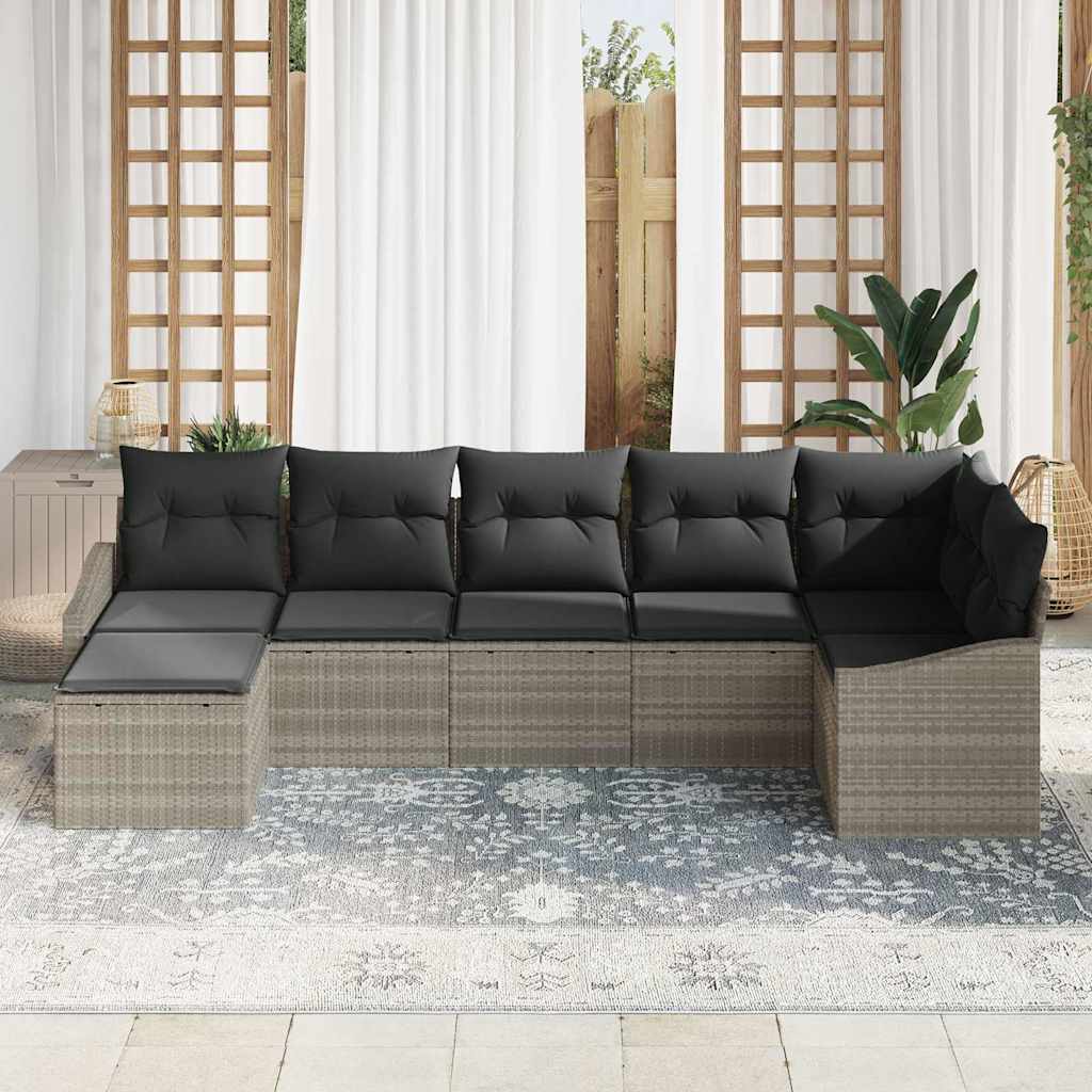 7 Piece Sofa Set with Cushions Light Grey Poly Rattan