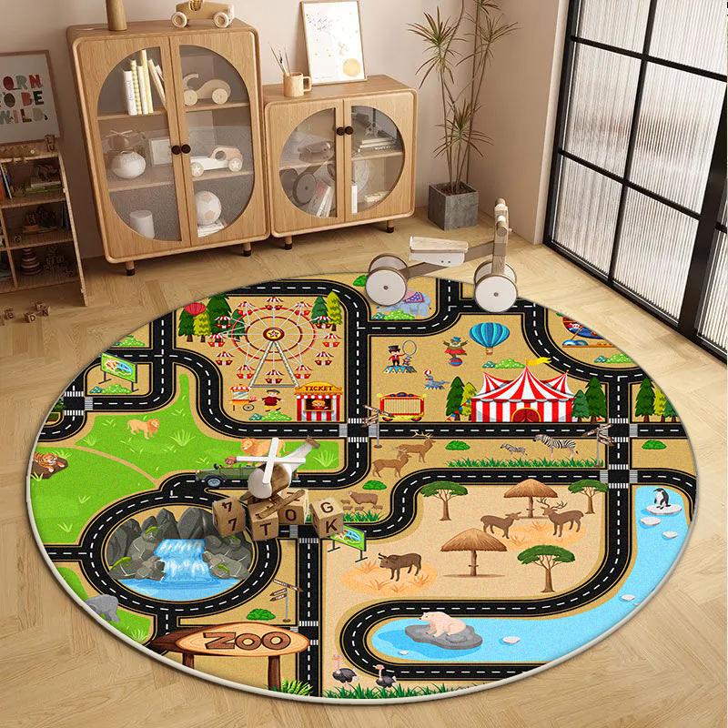 Children's Round Living Room Carpet Short Velvet Fluffy Soft Bedroom Decoration Rug Cartoon Traffic Road Play Floor Mat Antiskid