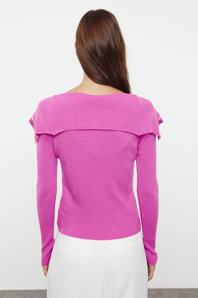 Women's Fashion Stylish Cardigan Pink Color Block Turn-down Collar Knitwear Cardigan