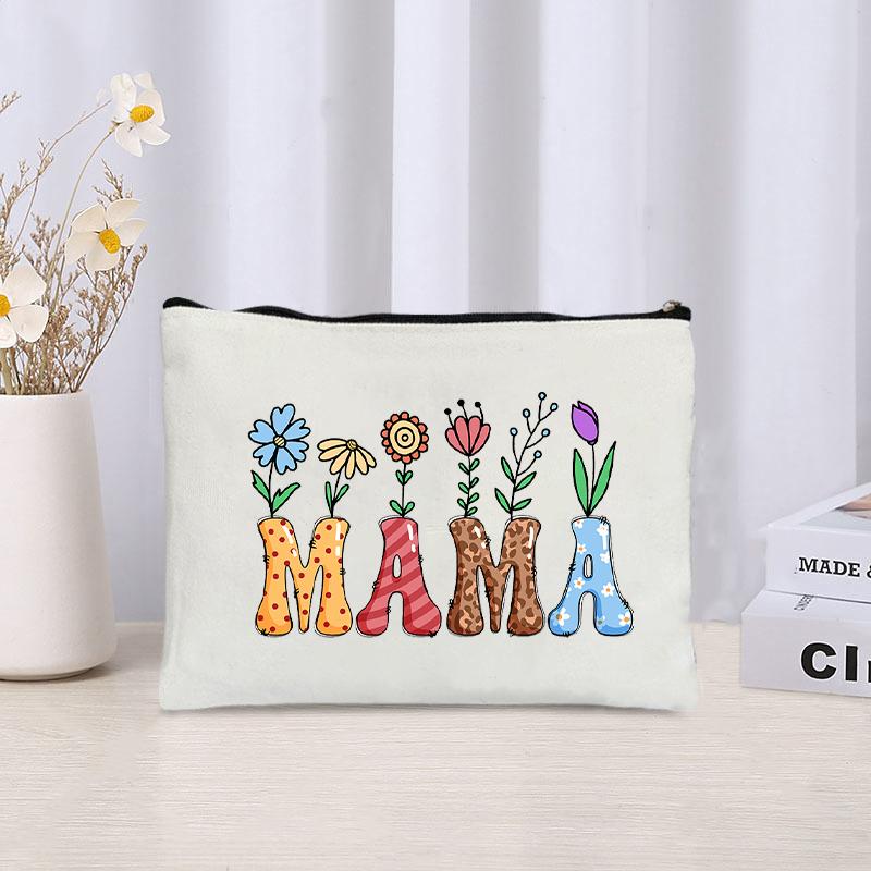 

Mama Flower Print Cosmetic Bag Organizer New Canvas Zipper Storage Case Travel Perfume Lipstick Pouch Make Up Bags Gift for Mom