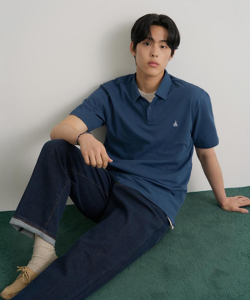 Binpolmen Open-Neck Soft Crescent Pique T-Shirt Blue