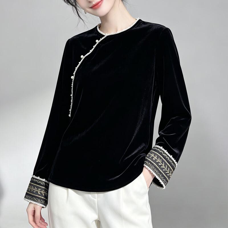 New Chinese Style Mulberry Silk Velvet Blouse M