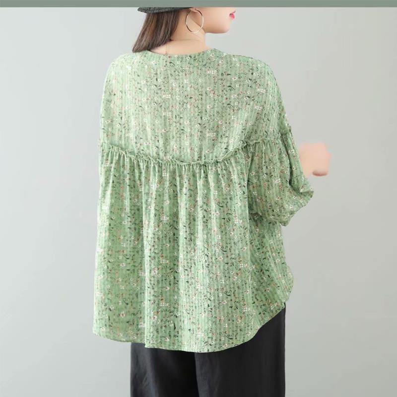 Spring/Summer Floral Shirt Women's Seven Sleeve Large Casual Loose Women's Stand Collar Top Women's Shirt