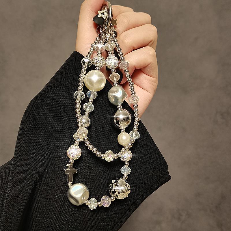 Short Mobile Phone Lanyard Luxurious Pearl Crystal Diamond Bead Hand-Held Double Chain Wristband Phone Case Hanging Decoration