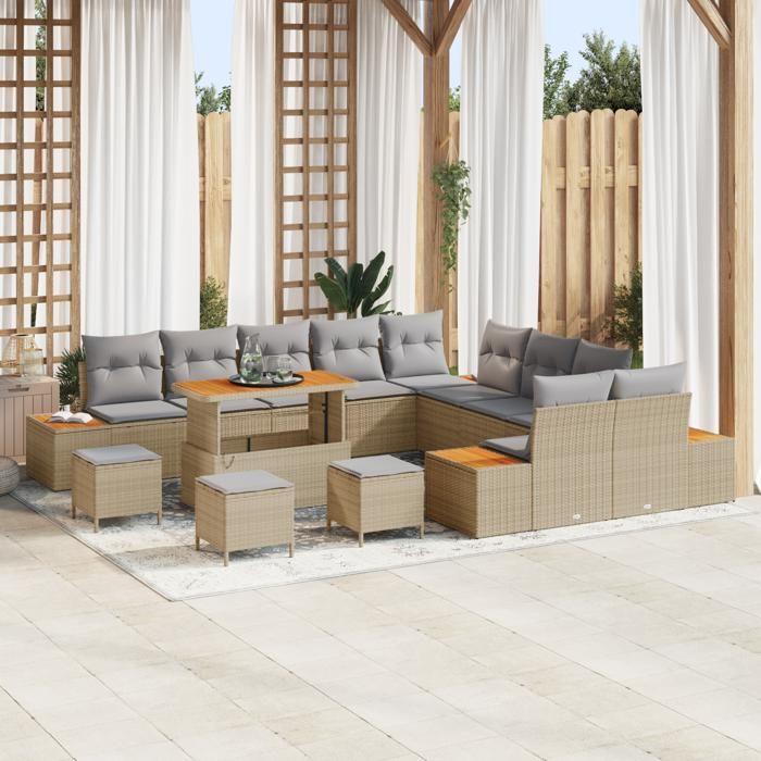 Ensemble de canapé de jardin vidaXL 14 pièces avec coussins Beige Poly Rotin Acacia, Ensemble de salle à manger de jardin 3362982