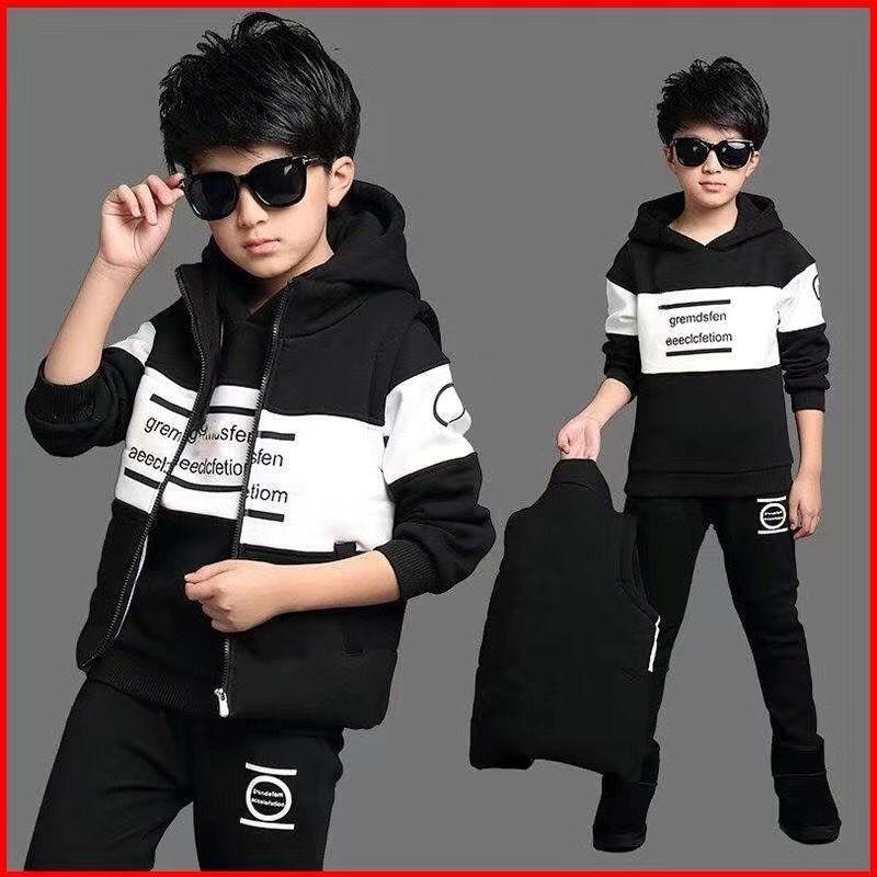 3pc Set Winter Boys Tracksuit Autumn Teenager Clothes Splicing Velvet Jacket + Hooded + Pant Children 4 8 9 10 11 12 Year