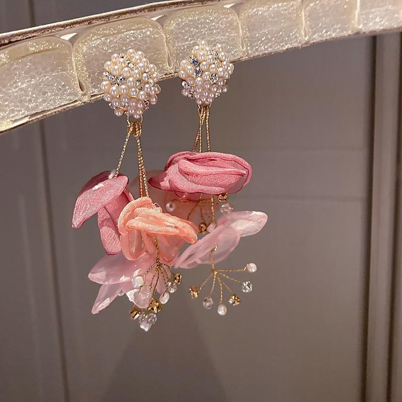 Silver needle chiffon flower fringed stud earrings sweet Mori dopamine earrings niche trend versatile earrings fashion women