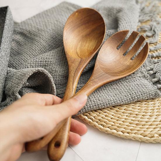 Reusable Wooden Fork Pasta Retro Salad Sushi Cooking Spoon Kitchen Utensil Tool