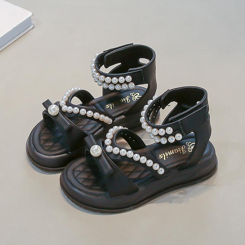 Girls Sandals High Top Hook&loop Kids Princess Shoes Sweet Bows Beading 2025 Summer New Children Beach Shoes Open Toes Soft Sole