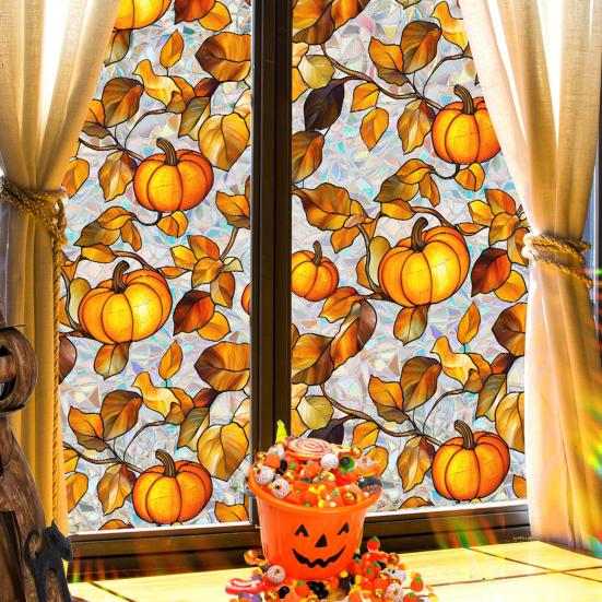 Rainbow Window Privacy Film Halloween Non-Adhesive Glass Sticker Prism Stained Static Clings Sun Blocking Privacy Decals for Living Room Bedroom
