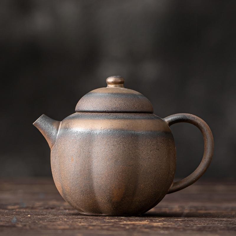200ml Gilded Iron Glazed Old Rock Mud Pumpkin Teapot Handmade Rough Pottery Vintage Tea Kettle Tea Making Tea Ceremony