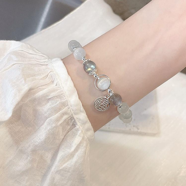 White Cat's Eye Stone Retro Grey Moonstone Bracelet - Women's Mori Style, Fairy-Inspired Niche Design
