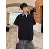Men's Black Striped Collar Cuff Detail Polo Shirt Casual Oversized Streetwear Top